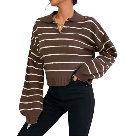 Casual Striped V-Neck Knit Sweater