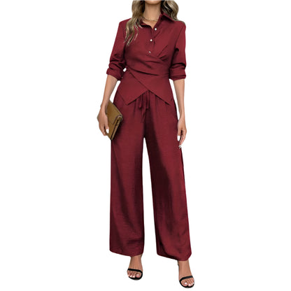 Women's Button-Up Shirt & Pants Two-Piece Set