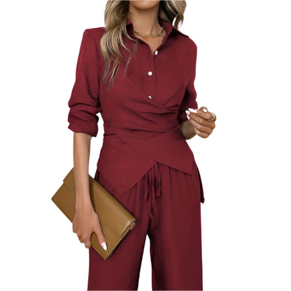 Women's Two-Piece Button-Up Shirt & Pants Set