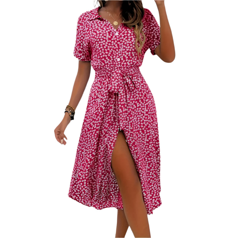 Women's Midi Dress with Floral Print and Belt